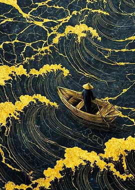 Fisherman In Golden Ocean Waves