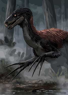 Feathered Dinosaur in Misty Forest