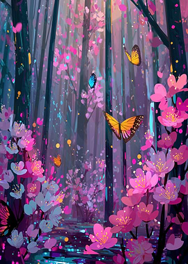 Enchanted Forest with Butterflies and Flowers