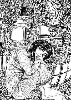 Girl in a pile of electronics