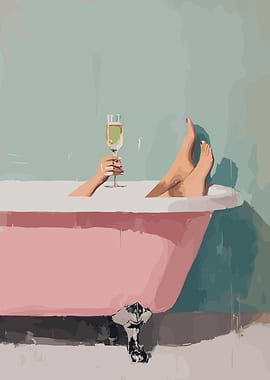 Woman relaxing in a pink bathtub with champagne
