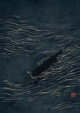 Black Panther Swimming in Dark Water