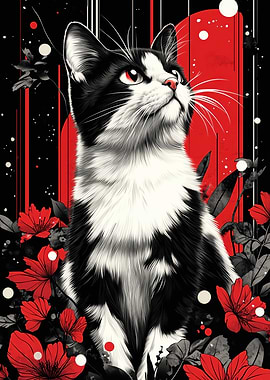 Black and White Cat with Red Flowers