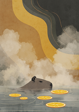 Relaxed Capybara in a Hot Spring