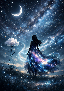 Woman in Galaxy Dress Under Starry Sky