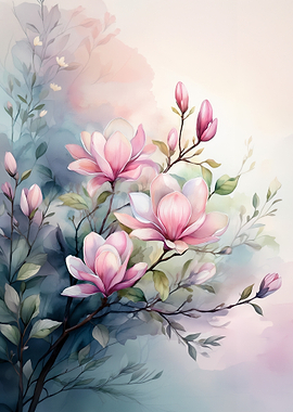 Watercolor Pink Magnolia Blossoms