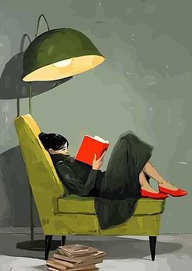 Woman reading a book under a lamp