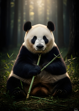 Panda Eating Bamboo in Forest