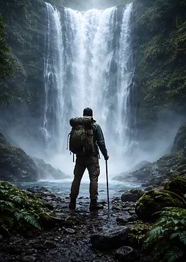 Hiker at a Majestic Waterfall