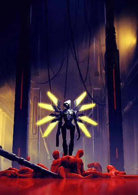 Futuristic Angelic Robot Over Red Figures