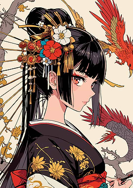 Anime Woman in Kimono with Phoenix Hairpiece