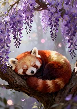 Red Panda Sleeping Under Wisteria
