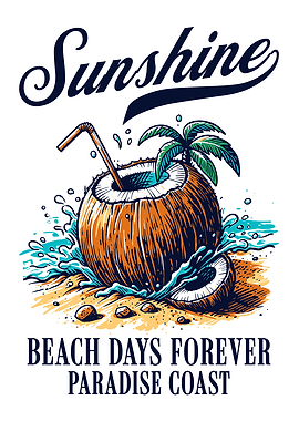 Vintage Beach Poster – Tropical Coconut Drink Sunshine Paradise Coast Retro Summer Wall Art
