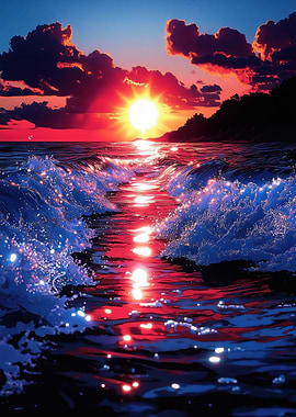 Vibrant Sunset Over Ocean Waves