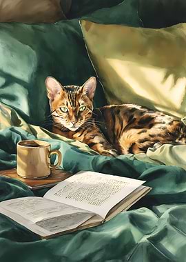 Bengal Cat with Coffee and Book