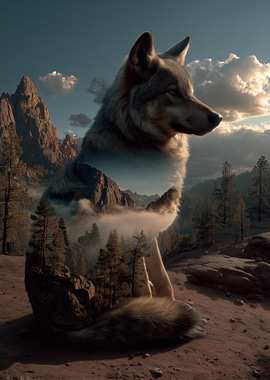 Wolf Double Exposure Mountain Landscape