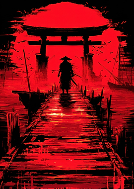 Samurai Walks Toward Torii At Sunset