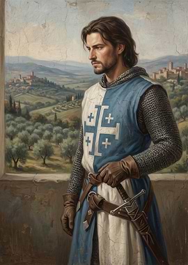 Knight in front of a Tuscan landscape