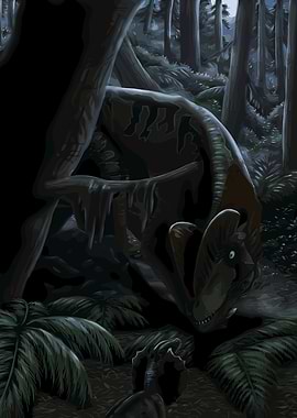 Dinosaurs in a dark forest