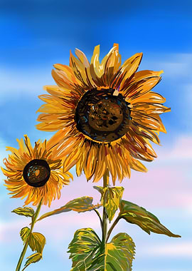 Two Sunflowers Against a Blue Sky