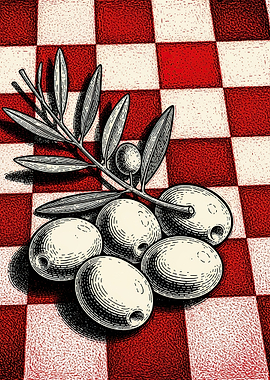 Olive Branch and Olives on Checkerboard