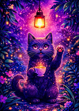 Enchanting Cat with Tea in Magical Forest
