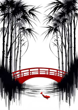 Red Bridge and Koi Fish in Bamboo Forest