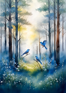 Bluebirds in a Misty Forest