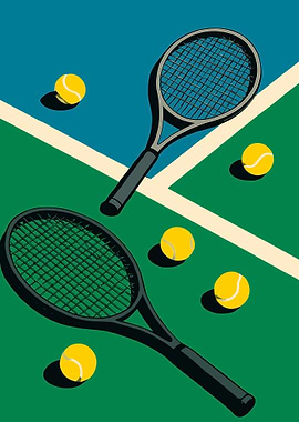Tennis Rackets and Balls on Court