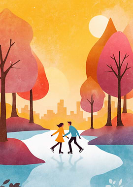 Couple Ice Skating in Autumn Park
