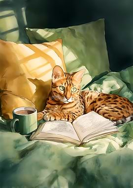 Bengal Cat Reading a Book with Coffee