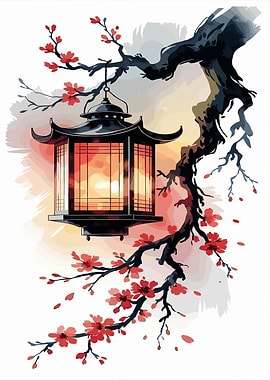 Japanese Lantern with Cherry Blossoms