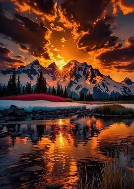 Sunset Over Snowy Mountains Reflected in Lake
