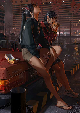 Two women eating fast food at night