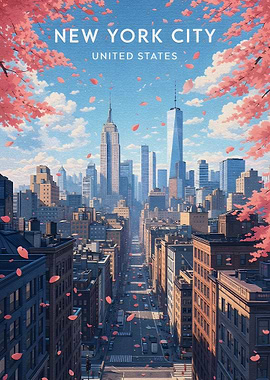 New York City Skyline with Cherry Blossoms