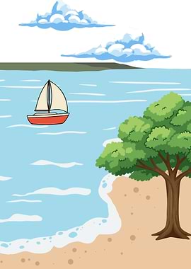 Sailboat on the water with a tree on the beach