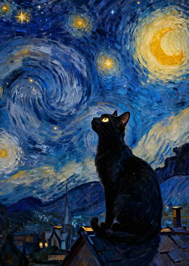 Black Cat Under Starry Night Sky