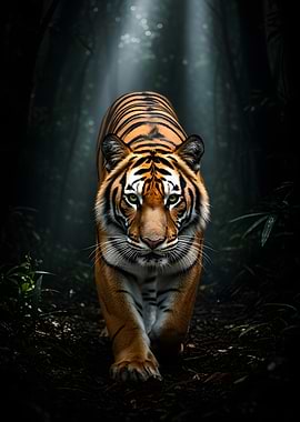 Tiger walking in a misty forest