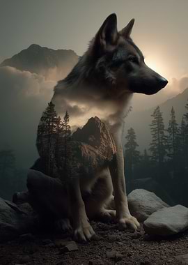 Wolf in Mountain Landscape Double Exposure