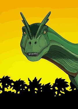 Green Dinosaur with Horns at Sunset