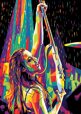 Woman playing electric guitar in colorful rain