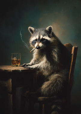 Raccoon Smoking and Drinking Whiskey
