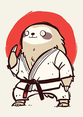 Karate Sloth with Red Sun Background
