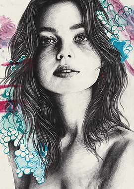 Pencil Sketch of a Woman with Floral Accents