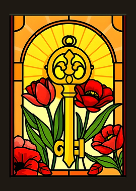 Stained Glass Key and Poppies