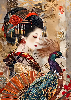 Geisha with Peacock and Fan