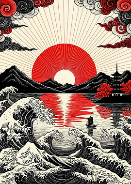 Japanese Wave and Sunrise Art