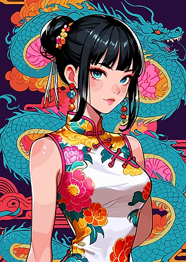 Anime Girl in Traditional Chinese Dress with Dragon