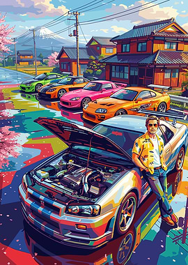 Japanese Street Scene with Sports Cars