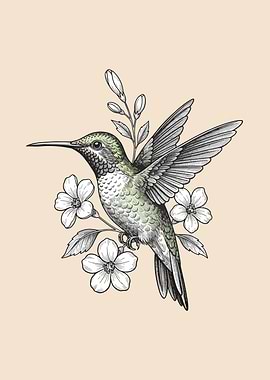Hummingbird with Flowers golden art
